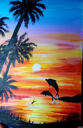 Lorna, dolphins, acrylic.